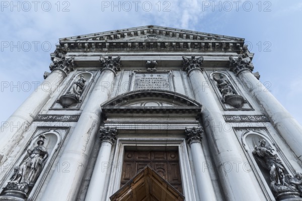 Allegories on the main façade of the church of Santa Maria del Rosario, 17th century, Venice, Veneto, Italy