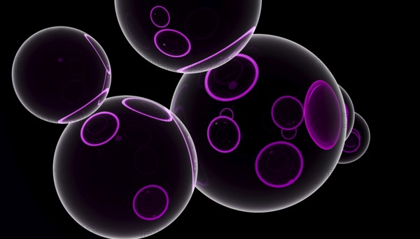 A striking 3D render featuring multiple glossy black spheres, each adorned with vibrant purple highlights. These spheres vary in size and are set against a dark background