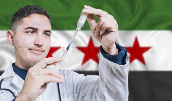 Doctor holding syringe on Syria flag background. Medical professional holding syringe with Syrian flag in the background