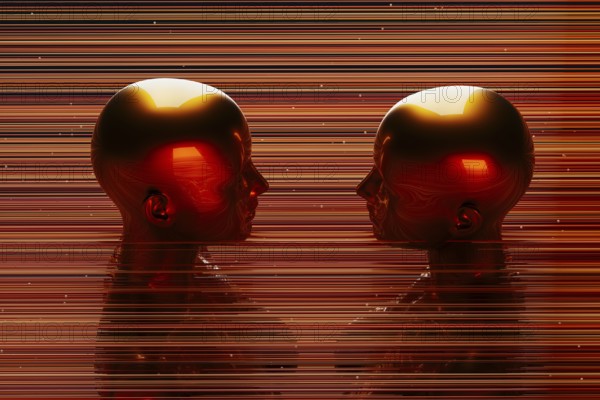 Two metal humanoids stand between illuminated lines representing the concept of artificial intelligence and modern technology in a dark background