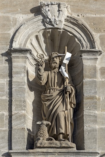 Sculpture of the Saviour with the Lamb of God at the parish church of the Finding of the Cross, 1742, Kersbach, Middle Franconia, Bavaria, Germany