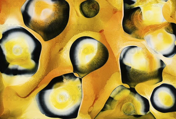 Dynamic abstract design featuring yellow and black liquids shapes with smooth textures. Bright and vivid, this artwork conveys energy and creativity
