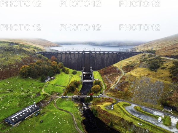 Autumn over Claerwen Dam, Claerwen Valley, Elan Valley Reservoir, Rhayader, Powys, Wales, UK