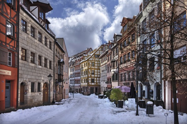 Historic half-timbered houses in Weißgerbergasse in winter, Nuremberg, Middle Franconia, Bavaria, Germany