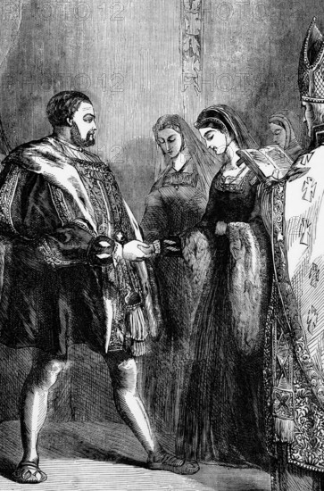 The marriage of Henry VIII to Catherine Parr on 12 July 1543, the last of his six wives. She was the fourth commoner to marry Henry and outlived him, England, digital reproduction of a historical model