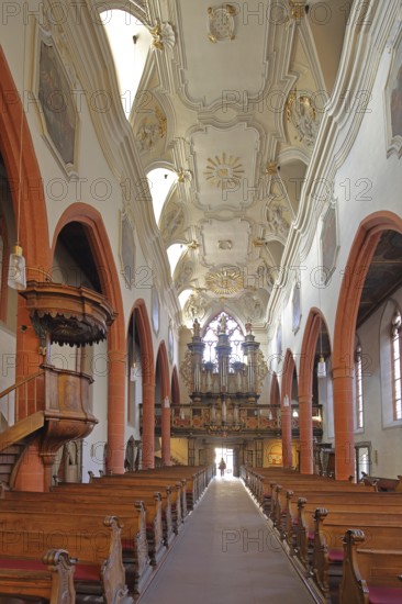 Interior view with pulpit, City Church of St Sebastian built 14th century, Bischofsplatz, Old Town, Limburg, Hesse, Germany