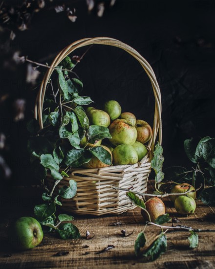 A rustic wicker basket filled with fresh green apples sits on a wooden table. Surrounded by leaves and twigs, the scene evokes a cozy, autumn harvest atmosphere