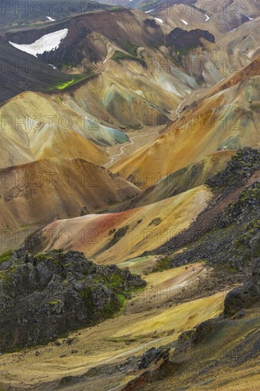 Small river between colourful rhyolite mountains, volcanic landscape, erosion landscape, view from Brennisteinsalda Landmannalaugar, Fjallabak Nature Reserve, Icelandic Highlands, Suðurland, Iceland