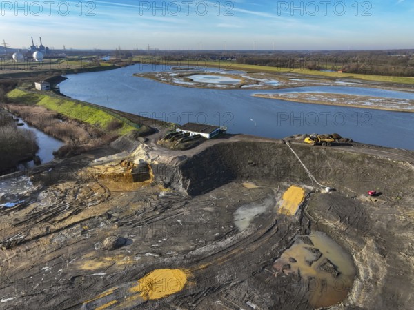 Haltern-Marl, North Rhine-Westphalia, Germany - Lippe, flood protection in the Haltern-Lippramsdorf-Marl area (HaLiMa) . Flood protection on the River Lippe by relocating the dyke and thus extending the floodplain. At the back is the completed floodplain north, the north dyke. In front, work is still underway on the south dyke