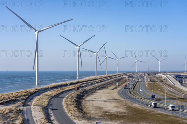 ENECO wind farm on the dike around the port of Maasvlakte 2, 22 wind turbines with an output of 116 megawatts, Rotterdam, the Netherlands