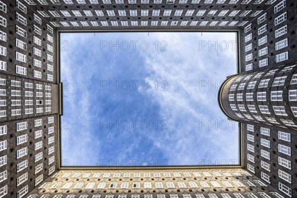 View of the sky in the courtyard of the Chilehaus in the Kontorhausviertel, Hamburg, Germany