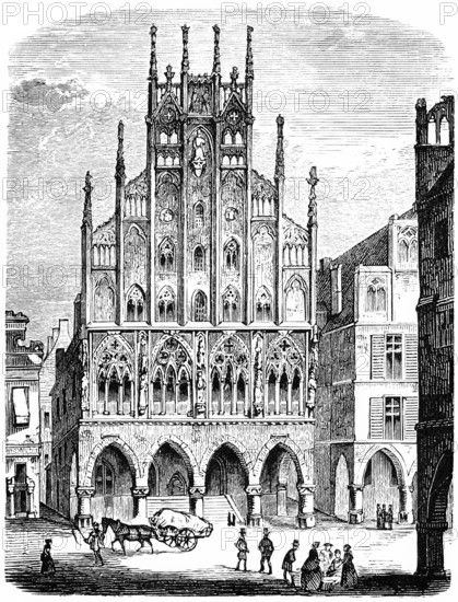 Historische Zeichnung, das Rathaus von Münster, Nordrhein-Westfalen, Deutschland, Europa, im 17. Jahrhundert