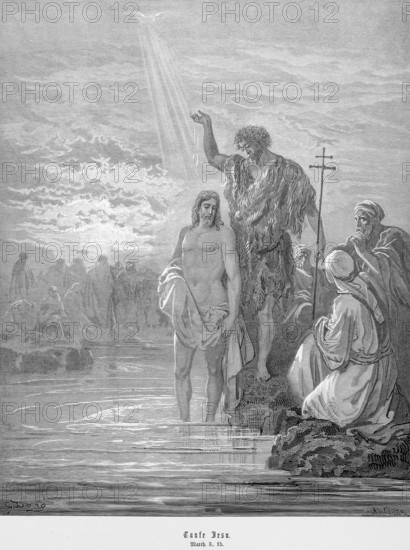 Baptism of Jesus, Jesus is baptized on the Jordan by John, Matthew, chapter 3, verse 15, will of God, ceremony, riverbank, staff, raised hand, bare, ray of light, Christian religion, Bible, New Testament, steel engraving Doré, historical illustration 1885