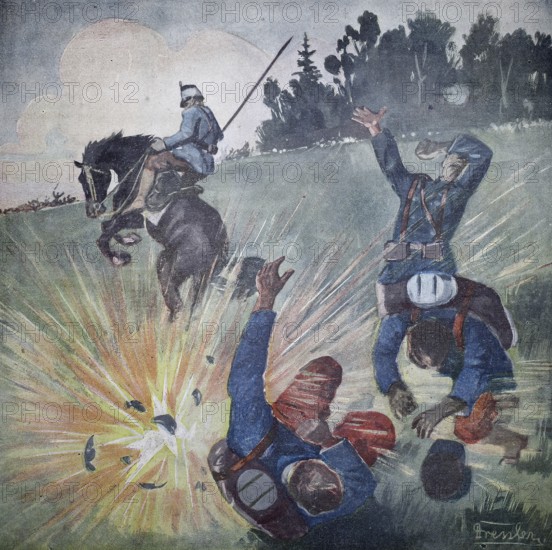 World War 1, a grenade dies at the head of an enemy column (original pictorial text from 1915, original colouring), illustration, reproduction from a 19th century original. Authentic, file restored for optimal use, exact date of original unknown, Historical, A rider flees on horseback while soldiers are caught in an explosion behind him