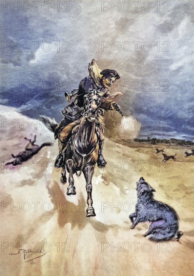 Russian Wolf mail courier is attacked by wolves and shoots at the animals with a pistol, coloured wood engraving, reproduction from an original from ca. 1888, Historical, A rider fires a shot while a dog runs beside him
