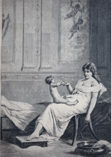 In the morning, mother with her baby in the bedroom, 1890, Germany, digital reproduction of an original from the 19th century, historical