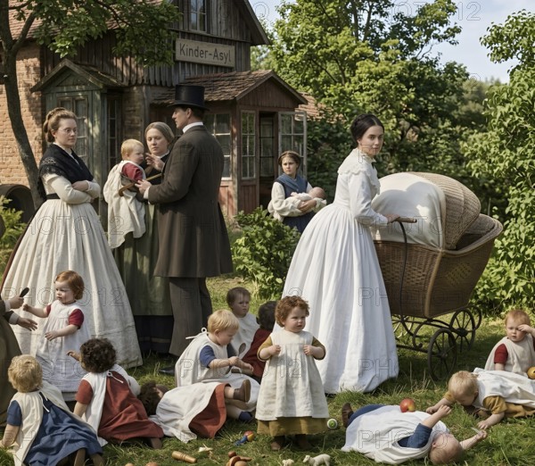 Employment center for young children, kindergarten since 1840, symbolic picture childcare, teaching, Fröbel, Bad Blankenburg, child-rearing, education, learning, Friedrich Wilhelm August Fröbel, pedagogy, education, historical illustration, digitally edited