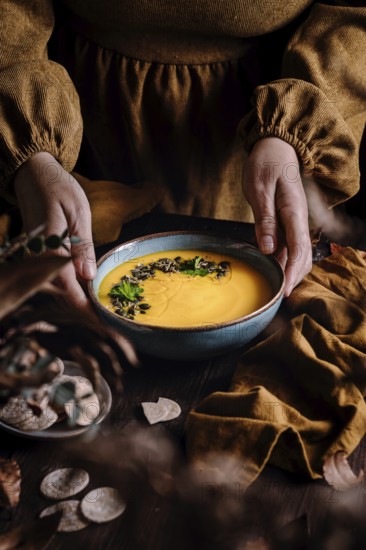 A warm autumn soup served in a ceramic bowl, garnished with seeds and herbs. The rich texture and autumnal colors create a cozy atmosphere, captured in dim lighting