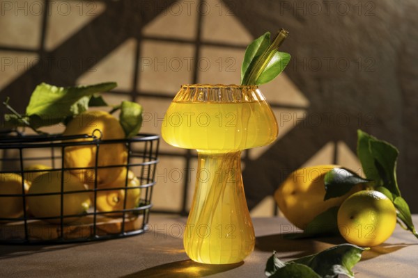 A vibrant lemon drink served in a unique glass with a straw, set against a rustic background. Fresh lemons in a basket add a natural touch to this refreshing beverage scene