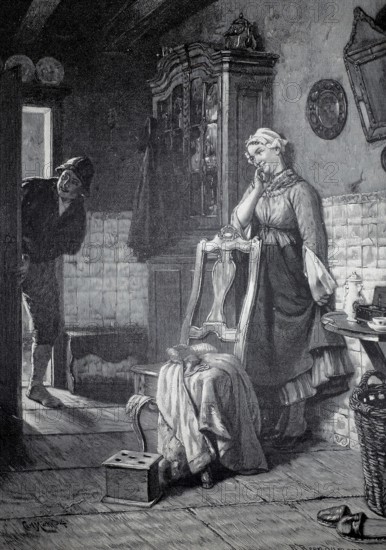 Hidden The daughter of the house hides behind the closet to tease her lover, 1890, illustration, reproduction from a model from the 19th century. Authentic, file restored for optimal use, exact date of submission unknown, Historical, A woman in the house is surprised by a man who shyly looks through the door
