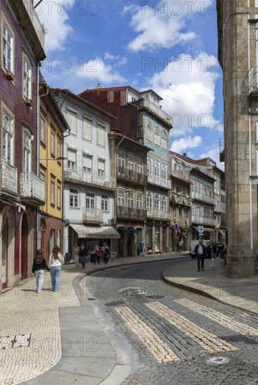 Shops in historic buildings, Rua de Santa Antonio, city centre Guimaraes, northern Portugal