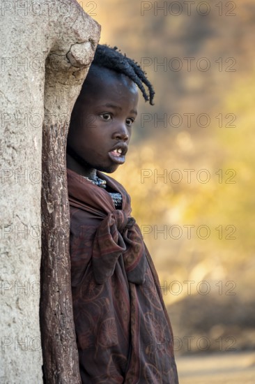 Himba girl leaning against a traditional mud hut, in the morning, traditional Himba village, Kaokoveld, Kunene, Namibia
