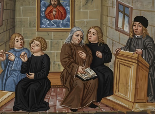 Lecture at a medieval university, book painting, historical illustration, digitally edited, studying, medieval studies, science, theology