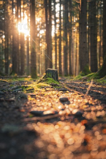 A lonely tree stump in the forest is illuminated by warm rays of sunlight and surrounded by moss-covered ground, Unterhaugstett, Black Forest, Calw district, Germany