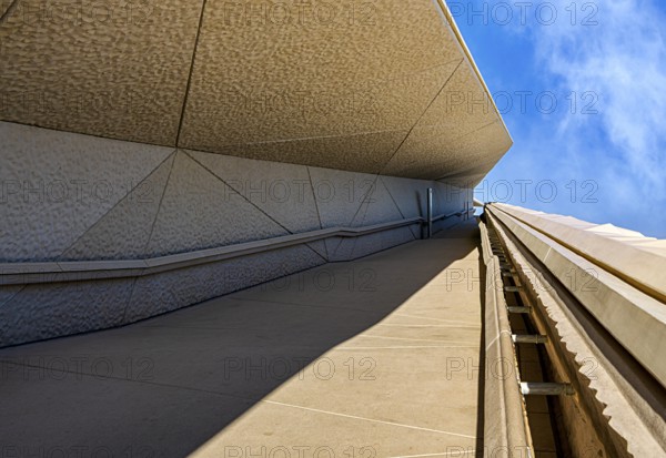 Zayed National Museum in Abu Dhabi, memorial to the late Zayed bin Sultan Al Nahyan, the museum is the heart of the cultural district on Saadiyat Island, way to the platform on the roof of the museum, Abu Dhabi, United Arab Emirates