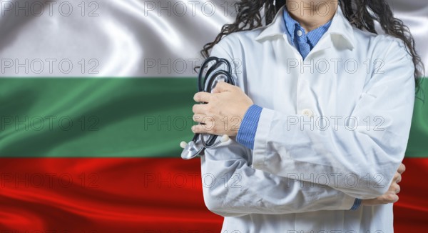 Healthcare professional with Bulgaria flag background. Professional doctor holding stethoscope on Bulgaria flag background