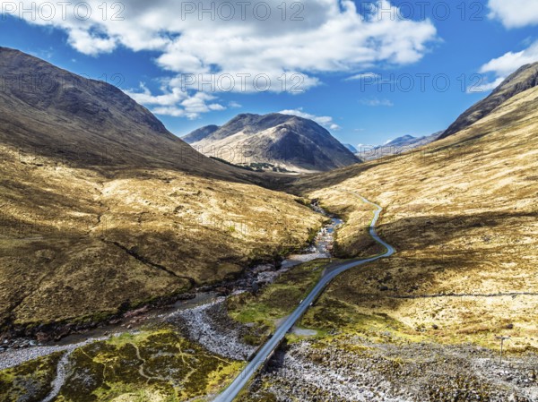 Mountains and Moors over Glen Etive Valley from a drone, Buachaille Etive Mòr, The Buachaille, Highlands, Scotland, United Kingdom