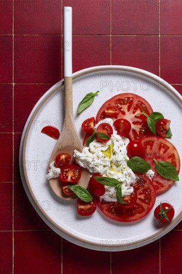 Top view of a beautifully composed caprese salad featuring sliced ripe tomatoes, creamy burrata cheese, and fresh basil leaves, delicately seasoned with olive oil and black pepper