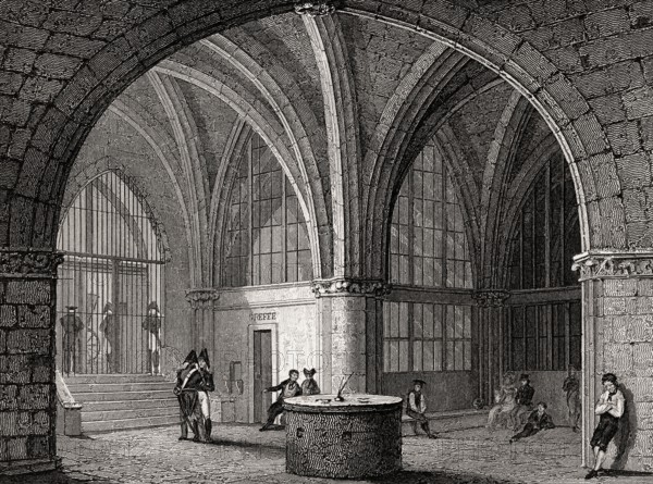 The Conciergerie, prison, Paris, antique steel engraved print, 1831