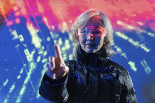 An elderly Asian woman in futuristic glasses interacts with digital elements in the metaverse, highlighting generational diversity in technology and virtual environments