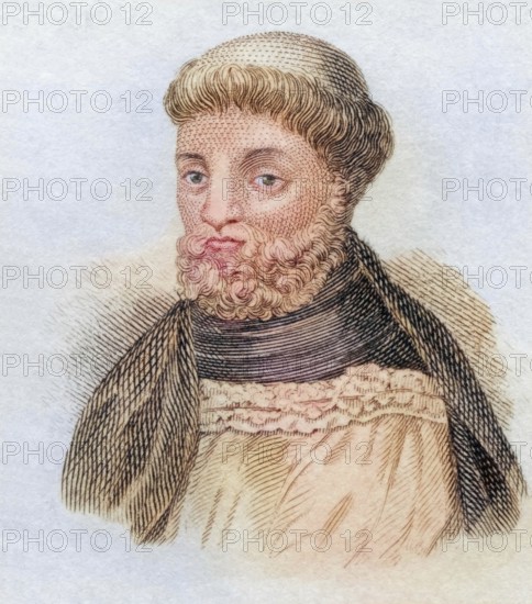 Jean Froissart, (born around 1337 in Valenciennes, died around 1405 presumably in Chimay/Belgium) was a French-speaking poet and chronicler, coloured woodcut from Crabbe's Historical Dictionary from 1825, Historical, digital reproduction