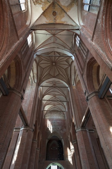 Interior with vault of St Georgen, Gothic brick building of the 14th century, under reconstruction, Wismar, Mecklenburg-Vorpommern, Germany