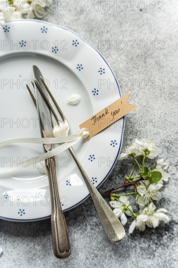 A vintage fork and knife tied with a thank you note rest on a patterned plate. Blossoms add an elegant touch, creating a charming table setting perfect for special occasions
