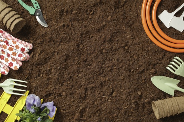 Various gardening tools and essentials, including gloves, a hose, and shovels, arranged on rich, brown soil, ready for planting flowers and maintaining a garden