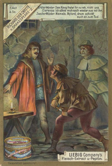 Series of pictures Richard the Third by Shakespeare, Liebig picture, digitally restored reproduction of a collector's picture from around 1900, public domain, exact date unknown, threatening scene with armed men in dark surroundings, in the middle of a fight