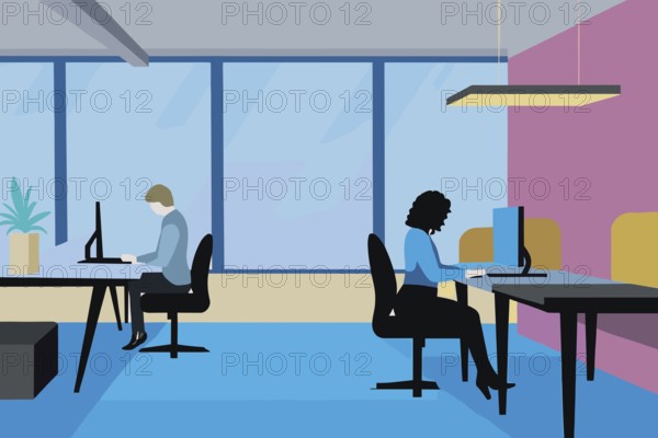 Two professionals are focused on their tasks in a contemporary office environment