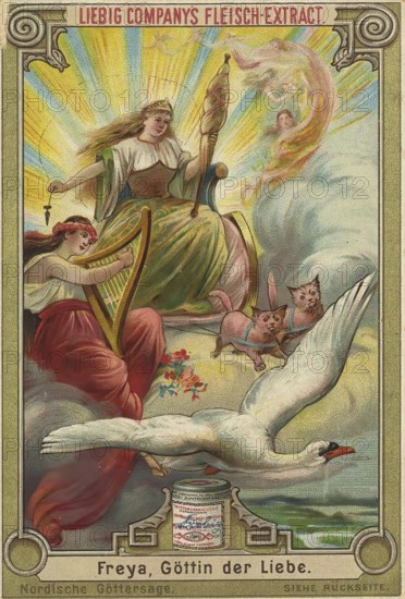 Picture series Nordic myth of the gods, Freya, goddess of love, Liebig picture, digitally restored reproduction of a collection picture from around 1900, public domain, exact date unknown, mythological scene with Freya, surrounded by birds and pigs