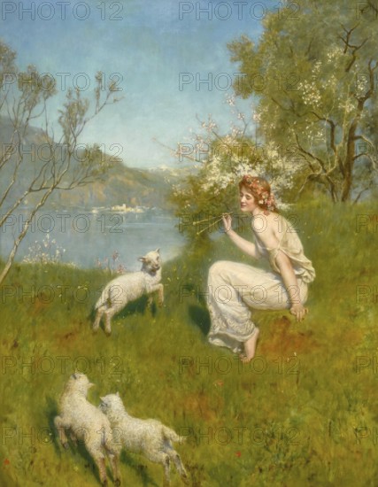 A woman sits in a meadow with flowering trees while sheep wander around. Woodland nymph, Wood nymph with sheep, Painting by John Maler Collier (28 January 1850, 11 April 1934), British writer and painter, Historic, digitally restored reproduction from a 19th century original, Record date not stated