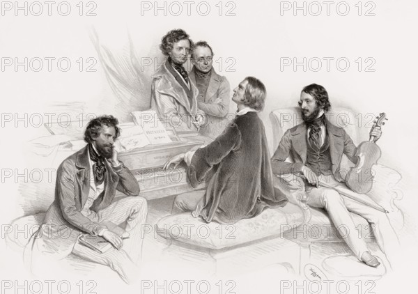 A matinee at Liszt's, 1846, from left, musicians and composers Kriehuber, Hector Berlioz, Carl Czerny, Franz Liszt, Heinrich Wilhelm Ernst, historical drawing after Josef Kriehuber