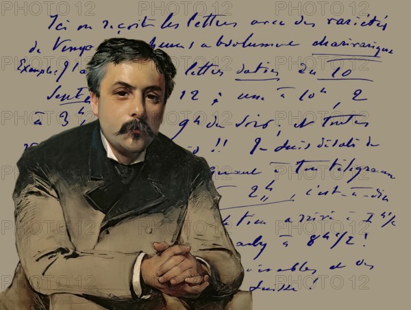Portrait of Gabriel Fauré, 1845-1924, French composer, digitally edited according to a photograph by Pierre Petit, 1905, letter from Gabriel Fauré to Marie Fauré-Frémiet