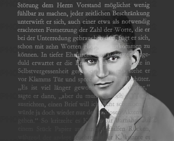 Portrait of Franz Kafka, 1883 – 1924, German-speaking Bohemian novelist, digitally edited according to a photograph and a page from „The Castle“