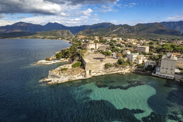 Old town and citadel of Saint-Florent seen from above, Corsica, France