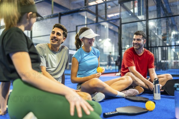 Group of diverse friends taking a break on an indoor pickleball court, smiling and having a social conversation after an active game, enjoying camaraderie and sportsmanship