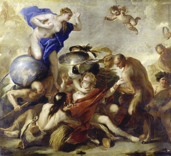 Luca Giordano (b. 18 October 1634, d. 3 January 1705), called Fa Presto, Italian painter and etcher of the Baroque period, Youth Tempted by the Vices (1664), Painting, Reproduction of the painting in its original state, Work of art, Historical, Mythological depiction with figures and angels in a dramatic scene