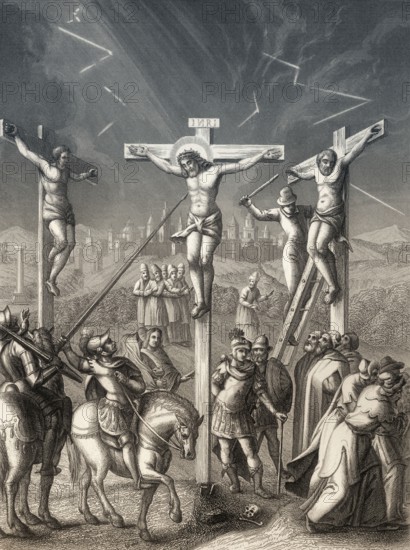 Crucifixion of Jesus, Mount Calvary, Jerusalem, New Testament, steel engraving 1853, digitally restored
