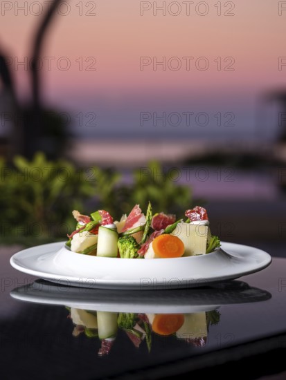 A beautifully arranged gourmet salad with ham featuring fresh vegetables and cheese. The elegant white plate sits on a reflective surface with a calming sunset in the background